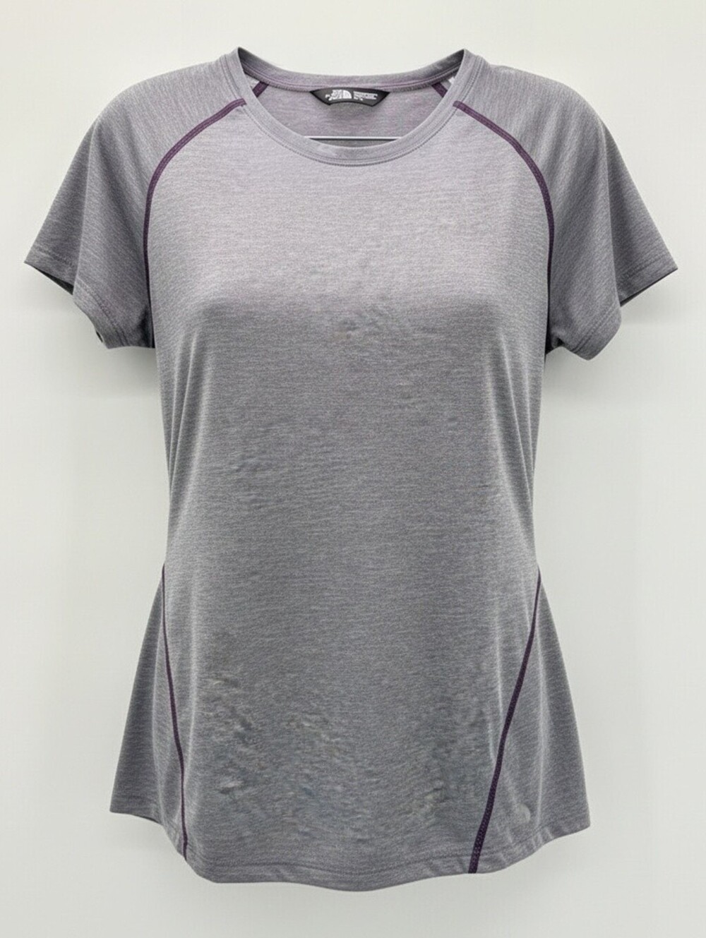 The North Face Womens T-Shirt Gray with Purple Overstitching XL